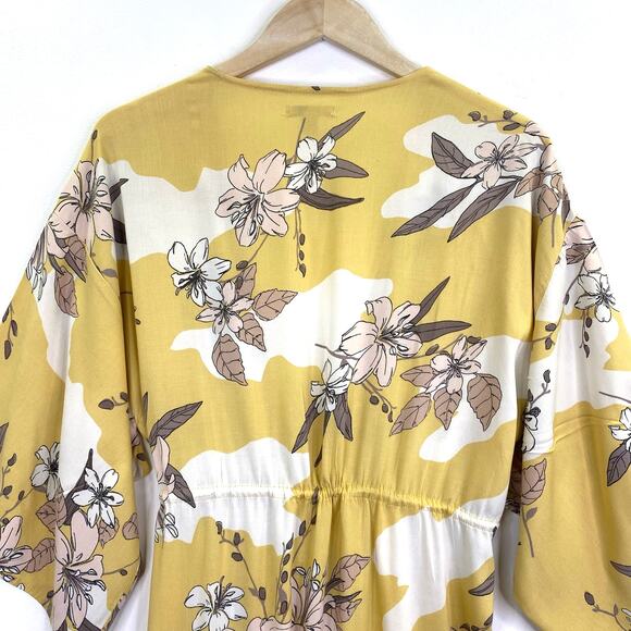 AMUSE SOCIETY Kimono Floral Ginger Womens S Yellow Tie Front Maxi Duster Boho - Picture 7 of 14
